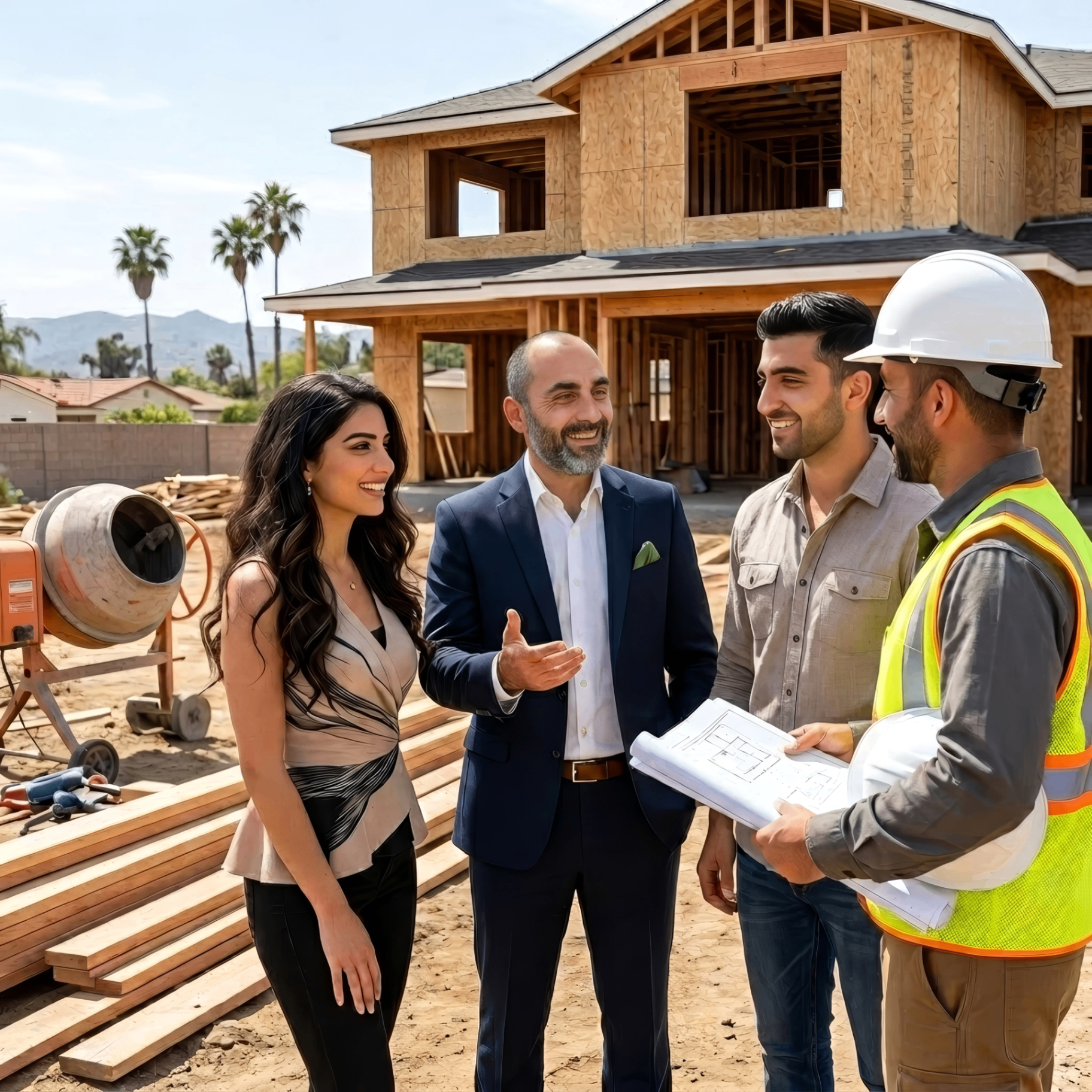 Kevin Grigoryan, Las Vegas Armenian REALTOR®, introducing a couple to a trusted local contractor at a new construction home build in Las Vegas, Nevada