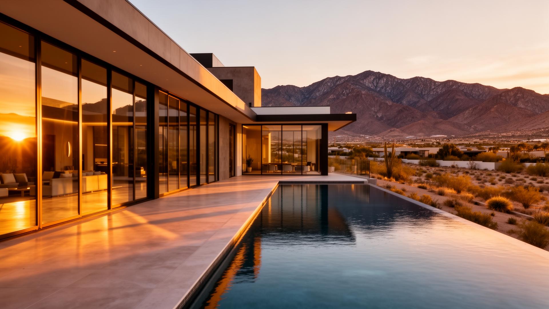 Modern luxury Las Vegas home at golden hour with infinity pool and mountain views