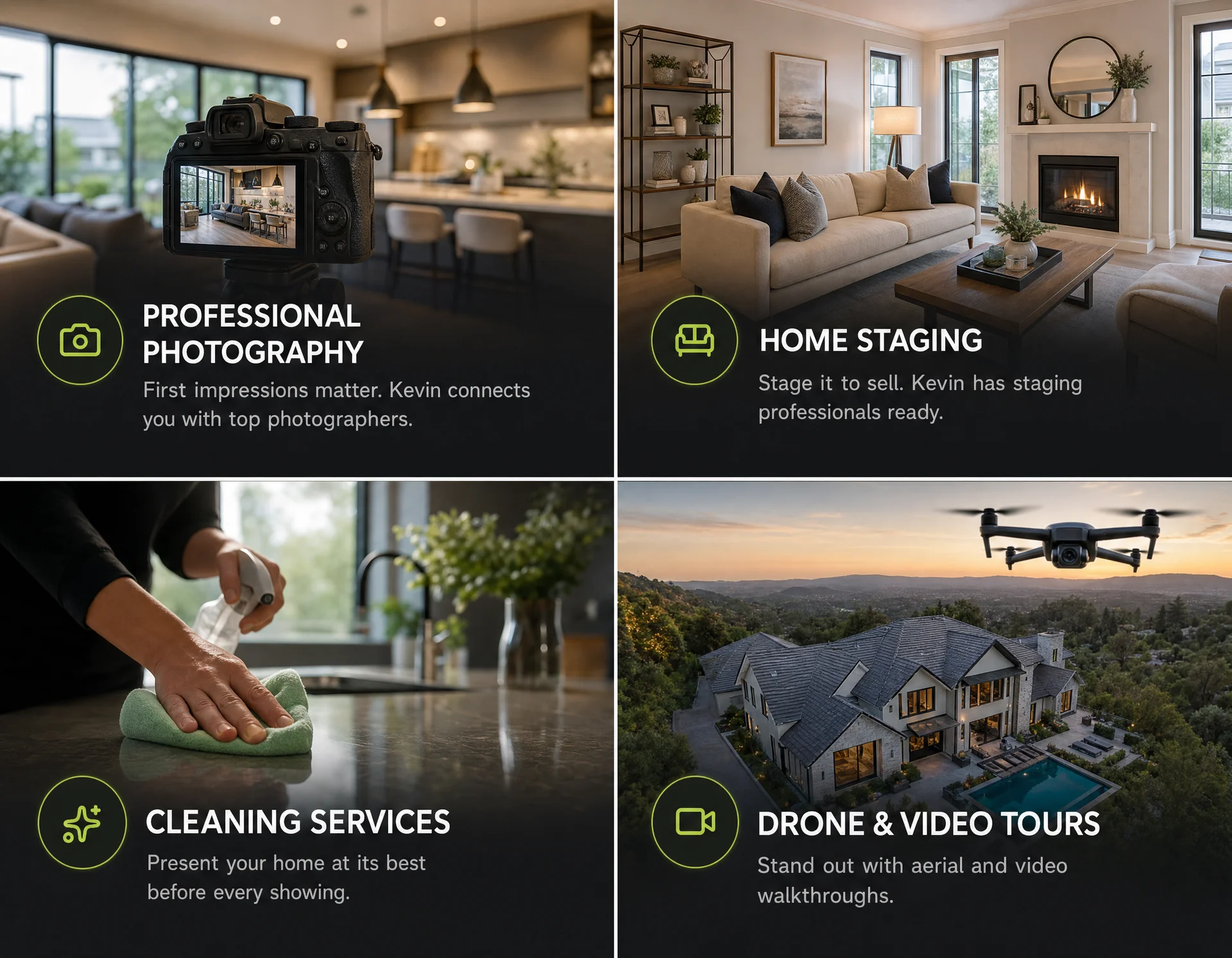 Kevin Grigoryan's Las Vegas home seller services: professional real estate photography, home staging, deep cleaning, and drone and video tours for luxury home listings